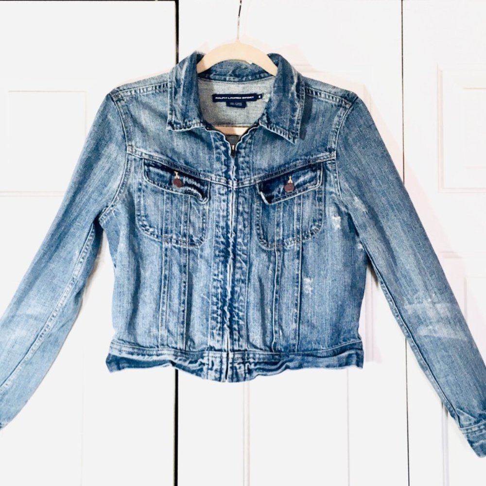 Ralph Lauren Sport Cropped Denim Jacket Distressed  Trucker Indigo
